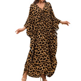 Yanziliu Women Kaftan Dresses Plus Size V-Neck Batwing Sleeves Beach Cover Up 2025 Summer Floral Print Caftan Dress, Leopard, One Size