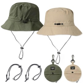 Pushiibee 2 Pack Packable Bucket Hat, 2 Color Sun Hats for Men Women, Solid Color Foldable Fishing Hat Cotton Beach Hat Outdoor Sun Protection Hat Summer Hats with Chin Strap for Women Men