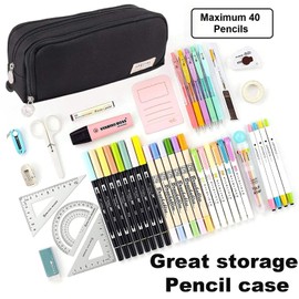 Twinsun Black Pencil Case,3 Compartments Large Pencil Case for Girl, Canvas Pouch Organizer for School Supplies, Pencil Cases Cosmestic Make up Bag for Women Kid (Black)