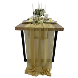 EHLDekol 10 ft Chiffon Table Runners 27x120 inches Romantic Sheer Wedding Table Runner Top Table Bridal Party Decoration (Champagne Gold, 10 ft)