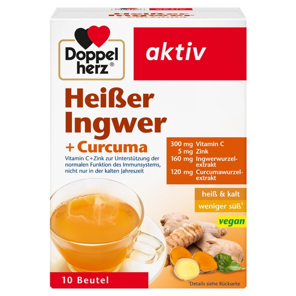 Doppelherz Hot Ginger + Curcuma - Vitamin C and Zinc contribute to the normal function of the immune system - 10 vegan servings