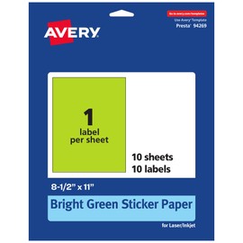Avery Printable Sticker Paper, 8-1/2" x 11", Full-Sheet Labels, Bright Green Labels, Laser/Inkjet Printable, 10 Total, Great for Packaging and Stickers