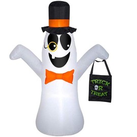 7' Gemmy Airblown Inflatable Ghost w/Monocle Holding A Treat Bag Yard Decoration 224136