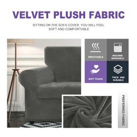 ZNSAYOTX Luxury Velvet Couch Cover 4 Piece (72"-92") Stretch Sofa Covers for 3 Cushion Couch Thick Soft Sofa Slipcover with Non Slip Strap, Dog Pet Friendly Nice Furniture Protector (Grey)