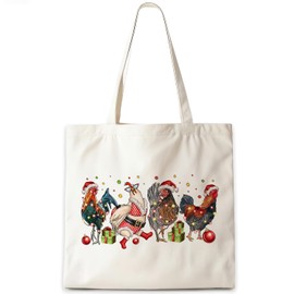 CosxHabitat Christmas Funny Chicken Tote Bag, Gifts for Chicken Lovers Canvas Tote Bags, Holiday Christmas Farm Animal Rooster Hen Reusable Grocery Shopping Bag