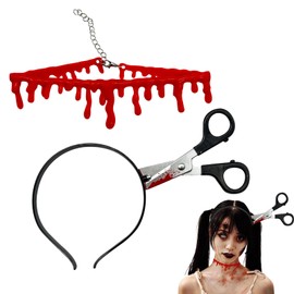 WINUSD - Juego de 2 diademas de cuchillos falsos de Halloween, collar de sangre falsa de vampiro y diadema de tijera falsa, accesorios de zombi de Halloween