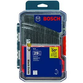 BOSCH BL29 29-Piece Assorted Set Three-Flat Shank Black Oxide Drill Bits with Included Case for Applications in Light-Gauge Metal, Wood, Plastic