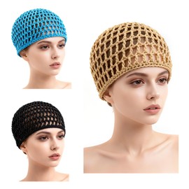 Framendino, 3 Pack Mesh Crochet Hair Net Rayon Knit Snoods Hat Thick Hairnet Snood Cover Ornament for Night Sleeping Accessories (Blue & Black Khaki)
