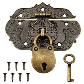 Dsjnf Antique Embossing Decorative Brass Hasp Clasp Antique Hidden Lock with Mounting Screws and Padlocks for Jewelry Boxes Ordinary Boxes Wooden Boxes Furniture Decoration Bronze 1set