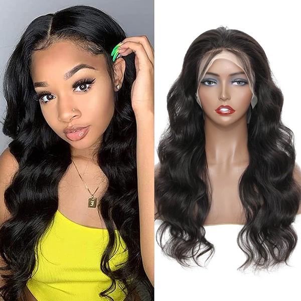13 x 4 Lace Front Real Hair Wigs, Body Wave Real Hair Wigs for Women, 180% Density, Free Part Wig, Natural Black Wig with Baby Hair (45 cm, Black)