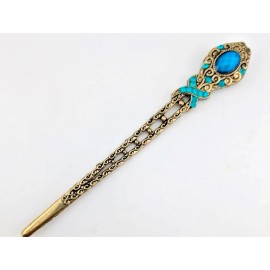 Unlabeled GOLDTONE & AQUA BLUE "CRYSTAL" HAIR STICK metal kanzashi bun french twist pin G6