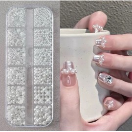 Fashiononbay 1 Box Mixed Size Flat Back Pearl Nail Charms 1.5–5mm White Half Round DIY Art