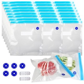 Sous Vide Bags 24 Pcs, 11x10 inches Reusable Vacuum Sealer Bags, Vacuum Food Storage Bag for Cooking, Food Storage, and Microwave Heating, with 2 Seal Clips & 5 Air Valves