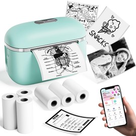 HiHTV Sticker Printer - Printpods Mini Printer with 6 Rolls Tape, Print Pod Bluetooth Sticker Maker Machine for Kids, Inkless Portable Thermal Pocket Sticker Maker, for Notes, Journal, DIY, Green