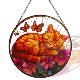 ZUSANG Cat Pattern Suncatcher Stained Glass for Kitty Lovers, Stain Glass Windows Hanging 9.8'' Painted Sun Catcher Hangings Sleeping Cat Home Decor Gift for Women