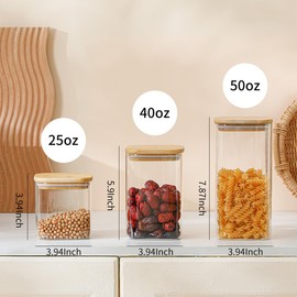 Homtop Glass Food Storage Containers with Lids 6 Pack(25oz/37oz/50oz), High Borosilicate Glass Jars for Coffee Bean, Candy, Cookie, Flour, Square