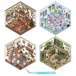 DIY 3D House Stickers 4 Set for Girls, DIY 3D Sticker Scene Make Your Own Mini Home Stickers, Coffee Shop, Bookstore, Apartment, Store, Cute Funny Cartoon Stickers to Relief Stress for Adult Kids(A)