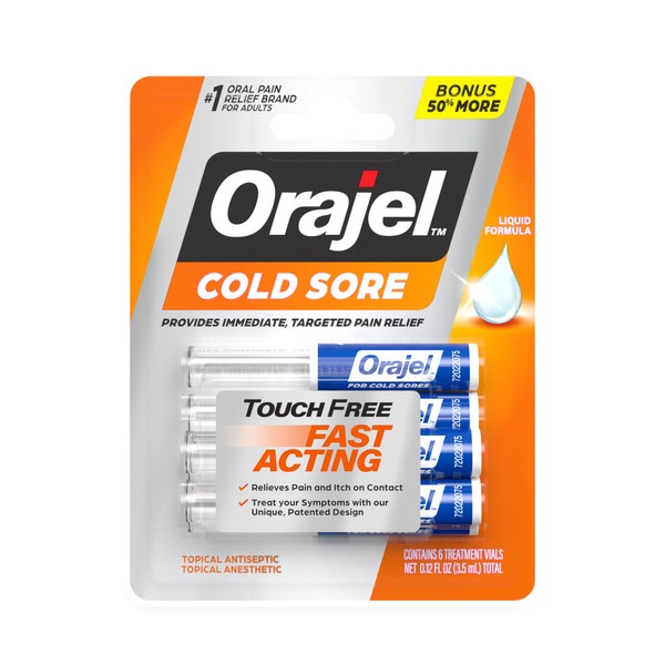 Orajel Touch Free Cold Sore Treatment .12oz, Liquid Formula, Provides Immediate & Targeted Pain Relief, Bonus Size, 6 Applicators.