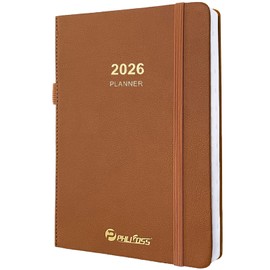 2026 Daily Planner/Calendar, One Page Per Day, Daily Monthly Agenda Planner with Time Slots and Monthly Tabs, Jan - Dec 2026, 5.7" x 8.25" Appointment Book, Pen Holder, Leather Cover (2026-Brown)