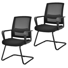 GLOBALWAY Conference Chair Set of 2, Meeting Room Chair with Metal Sled Base & Adjustable Lumbar Support, Mid-Back Mesh Reception Chair, Guest Chair for Home Office, Easy Assembly, Black