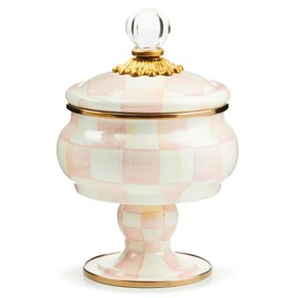 MACKENZIE-CHILDS Enamel Curiosity Pot, Decorative Container for Home Decor, Pink-and-White Rosy Check