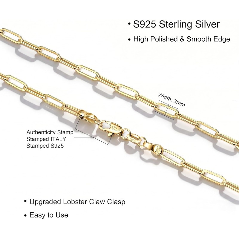 BLThing 925 Sterling Silver Paperclip Chain Necklace for Women, 3mm