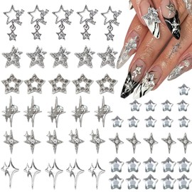 KACHIMOO 55pcs Nail Charms y2k Star Nail Charms 3D Nail Art Charms Silver Star Charms Nail Rhinestones Nail Supplies for Women and Girls Nail Design(9 Styles)