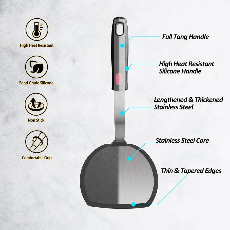 Silicone Pancake Spatula Turner with Lengthened Handle, Heat Resistant Cooking
