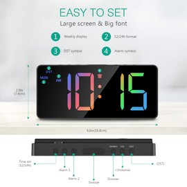 ORIA Digital Alarm Clock, Digital Clock Large Display, Loud Alarm Clock for Heavy Sleepers with DST, Adjustable Brightness and Volume, Alarm Clock for Bedroom, Bedside, Desk, Table - Colorful