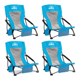 Tisetrail Low Profile Beach Chairs Set of 4 with Cup Holder Folding Mesh Sand Chairs for Adults Portable Lightweight Lowback Sling Chairs for Beach Camping Concert Travel Support 300lbs, Blue