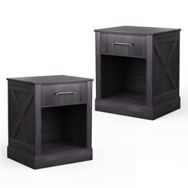 Giantex Farmhouse Nightstand Set of 2, Rustic End Table w/Drawers & Open Compartment, Wooden Sofa Side Table for Bedroom, Bedside Table, Black