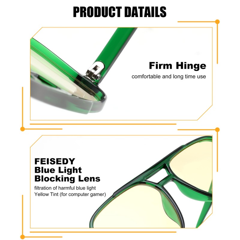 FEISEDY Retro 70s Blue Light Filter Glasses 99.99% Blue Light