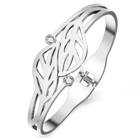 RAIDIN Gold Bangle Bracelet for Women Girls 18K Gold Plated Stainless Steel Dainty Rhinestone Crystal Accents Leaf Cuff Bracelets Fashion Jewelry for Gifts (Silver-069 Leaf)