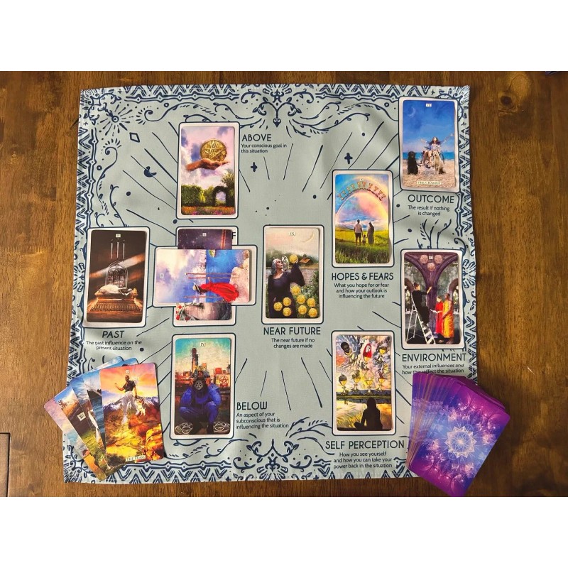 Celtic Cross Assistant Tarot Reading Spread Cloth, Blue Boho Design