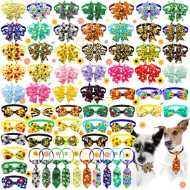 100pcs Flower Dog Bow Ties Collar with Bow,Adjustable Doggie Necktie Bowtie Set for Collar Charms,Summer Pet Cat Dog Grooming Accessories Bulk
