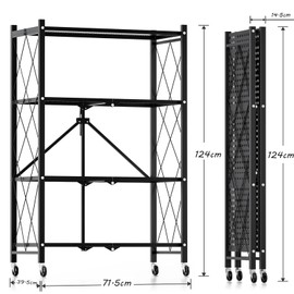 4-Tier Foldable Metal Storage Shelf with Wheels, 28.15" W x 15.55" D x 48.82" H , 750 Lbs Loading Capacity，Heavy Duty No Assembly Organizer Shelf for Pantry, Kitchen, Garage, Basement(black, 4-Tier)