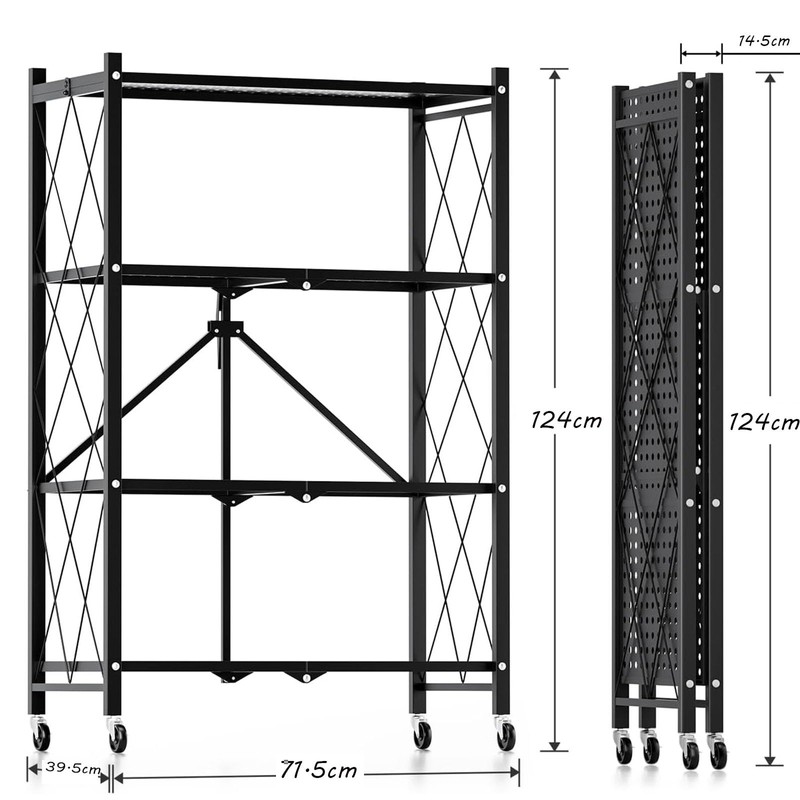 4-Tier Foldable Metal Storage Shelf with Wheels, 28.15" W x