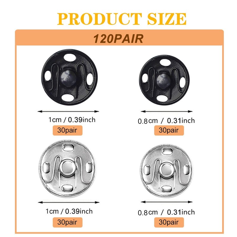 Willrain Sewing Snaps,120 Sets 8 mm and 10 mm,Black and