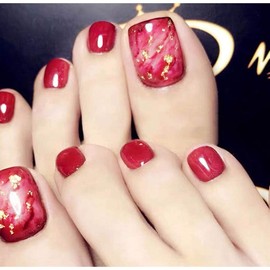 Sakytal Esmalte de uñas falsas con purpurina, color rojo, con clip de acrílico para mujeres y niñas (24 unidades)