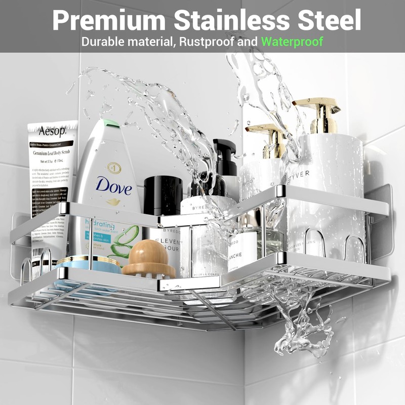 AKTECKE Corner Shower Caddy Bathroom Organizer: Adhesive Shower Rack Bathtub