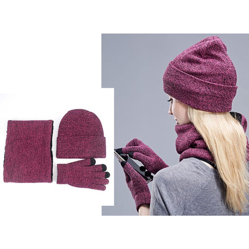 3Pcs Winter Knitted Hat Scarf Gloves Set Fleece Lined Warm