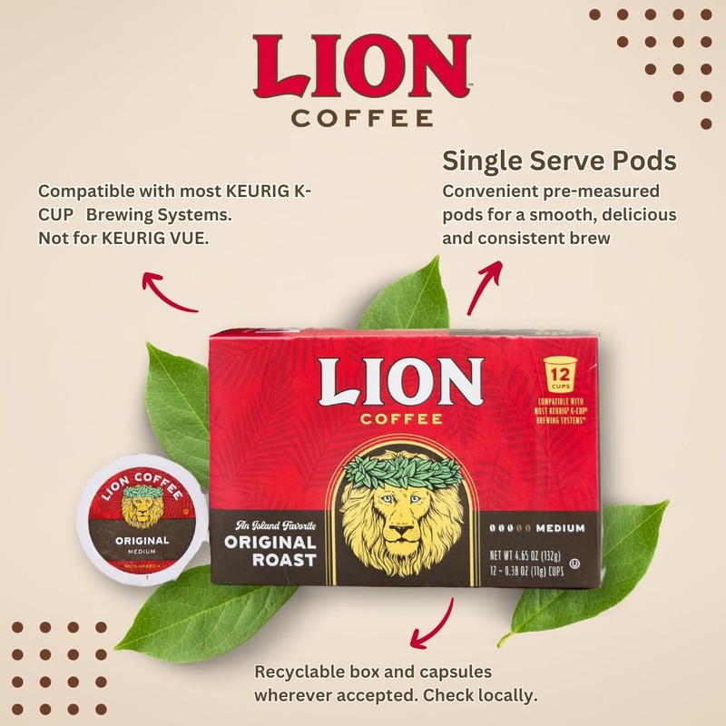 Lion Coffee Original Medium Roast Coffee, Single-Serve Coffee Pods, Compatible