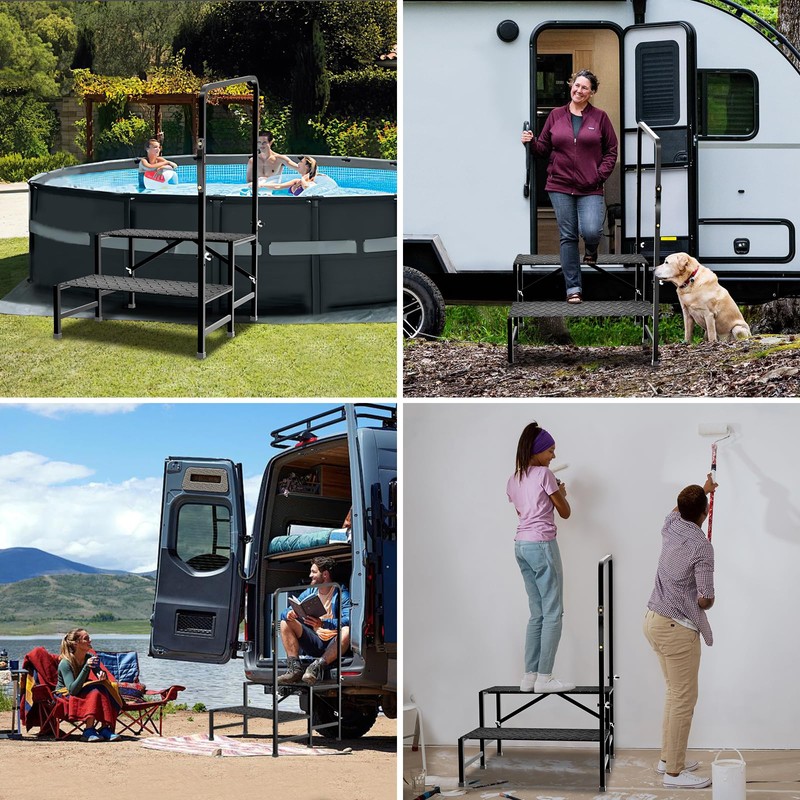 BuyGoe RV Step with Handrail, 2 Steps with Handle RV