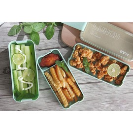 Eco-Friendly Compact Bento Lunch Box Set with Spoon, 3-in-1 Compartment Stackable Meal Prep Containers for Kids & Adults, Wheat Straw, Leakproof Green