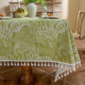 Rakila Rectangle Vintage Cotton Linen Tablecloth with Stitching Tassels Washable Fabric Table Cover for Dining Kitchen Tea Party, 60 x 102 Inches, Olive Green Leaves