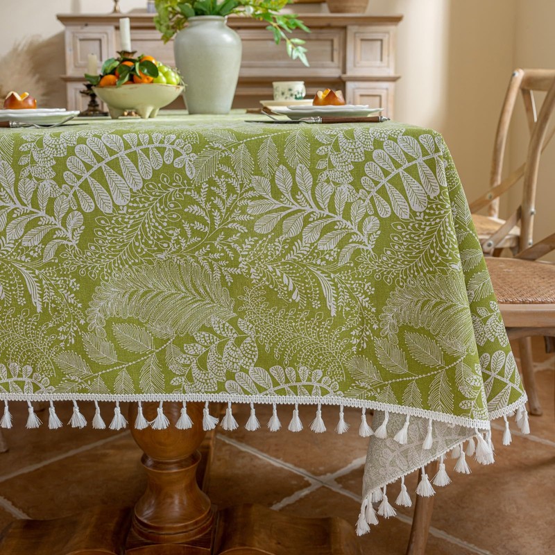 Rakila Rectangle Vintage Cotton Linen Tablecloth with Stitching Tassels Washable