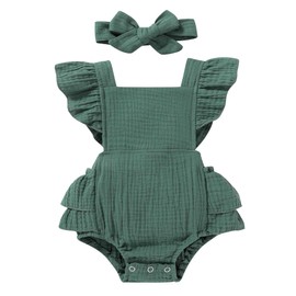 YOUNGER TREE Toddler Baby Girl Ruffled Sleeveless Romper Casual Summer Jumpsuit Cotton Linen Clothes (Ruffle Romper Green, 12-18 Months)