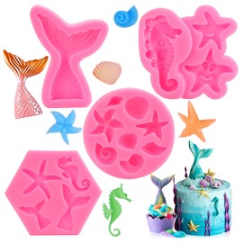 GOTRUST 4PCS Silikonform Meerjungfrau Fondant Form, 3D Ozean Tier Silikon Backformen, DIY Meerestiere Silikon Formen, Muschel Seestern Silikonformen für Kuchen, Schokolade, SüßIgkeiten
