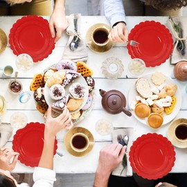 FALIZIFU 50 Pcs Red Scalloped Paper Plates 25 × 7'' and 25 × 9'' Disposable Red Scalloped Dinner Plates for Wedding Baby Shower Birthday Party Disposable Dessert Plate