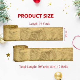 2 Rolls 20 Yards Christmas Decoration Ribbon for Gift Wrapping, Gold Metallic Glitter Ribbon Wired Edge Fabric Ribbons for Christmas Tree Wreath Bows DIY Crafts Home Outdoor Party Decorations 2.5 Inch